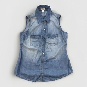 Ali & Kris Denim Button Front Sleeveless Shirt Women's Large Chambray Top